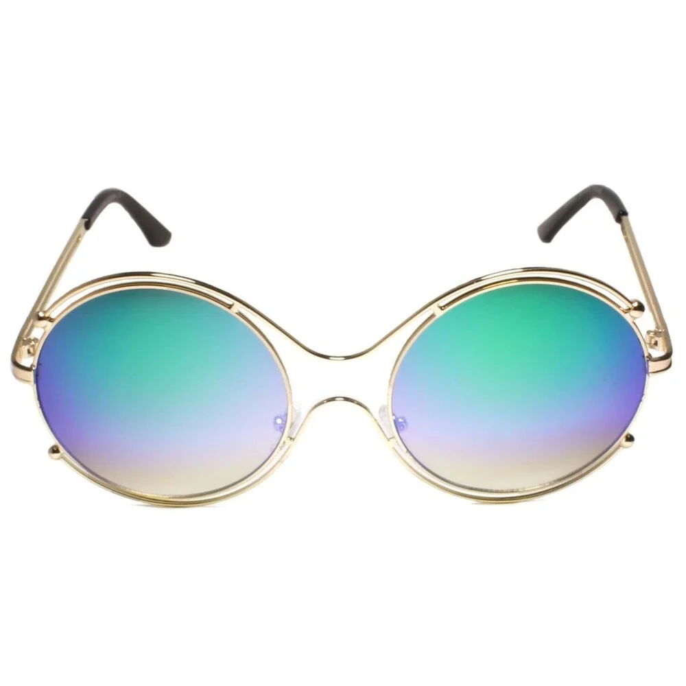 Upscale Gold Frame Green Mirror Lens Womens Designer Oversized Round Sunglasses